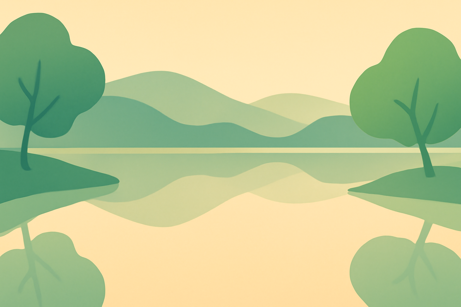 Minimalist calming landscape of rounded hills and a still lake at sunrise