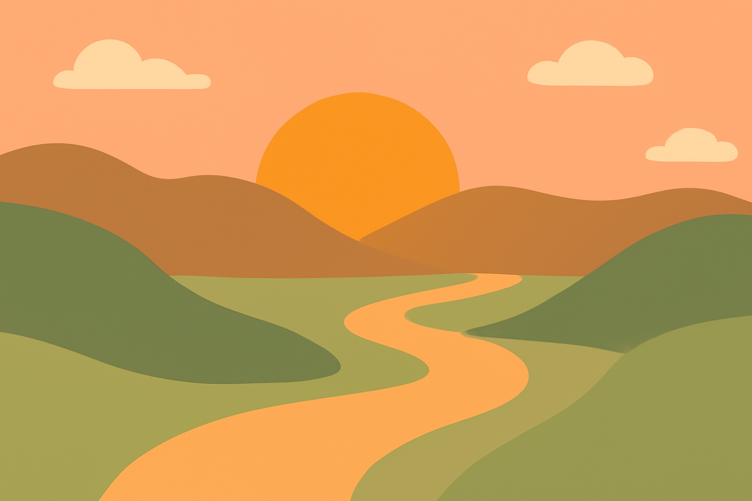 Tranquil sunset valley with rounded hills and a winding river