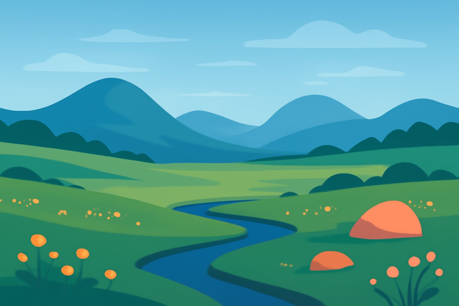 Calm mountain meadow plateau with distant rounded peaks and a peaceful sky