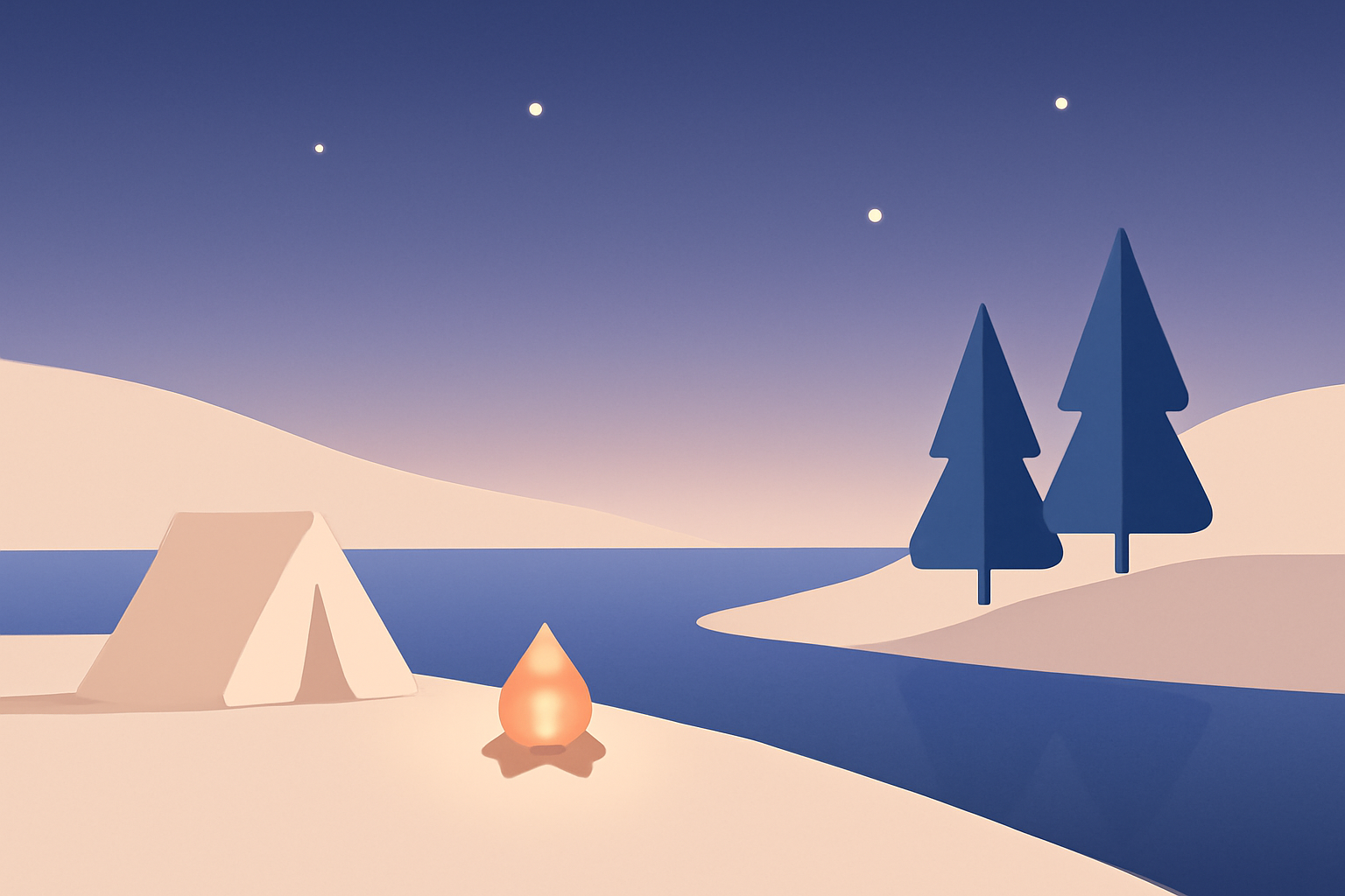 Minimalist vector scene of a calm evening campsite by water symbolizing calm support