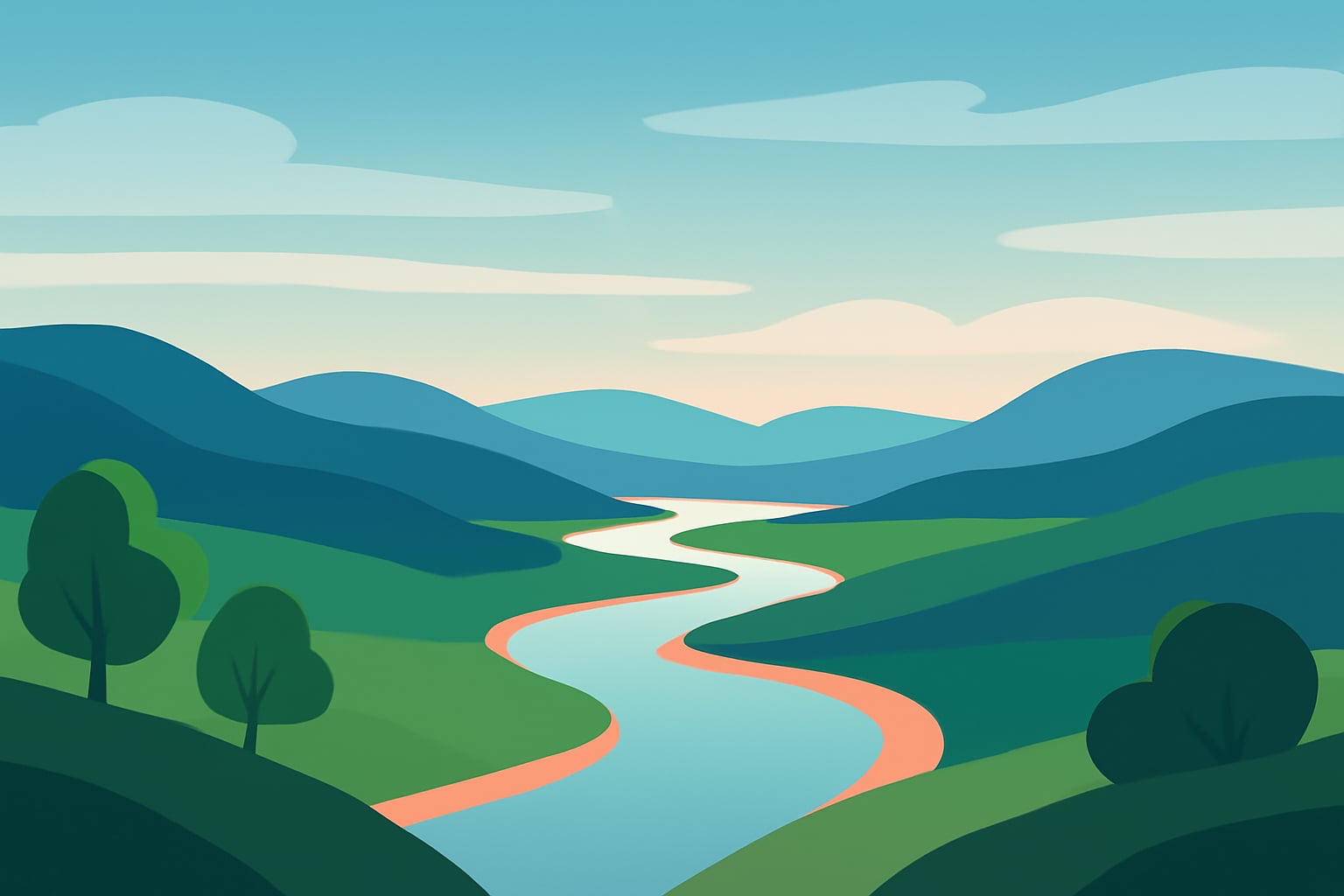 Calm high valley landscape with a winding river and soft hills