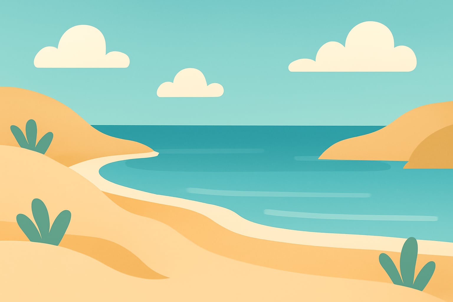 Minimalist vector illustration of a calm open beach cove with gentle waves and soft dunes