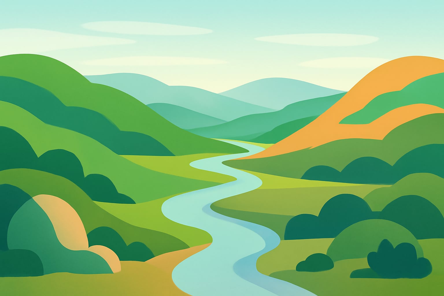 Peaceful high valley landscape with a winding river symbolizing a calm mental health journey