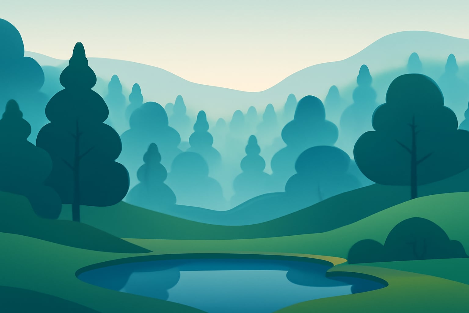 Minimalist vector illustration of a misty forest morning with soft rounded trees and calm atmosphere