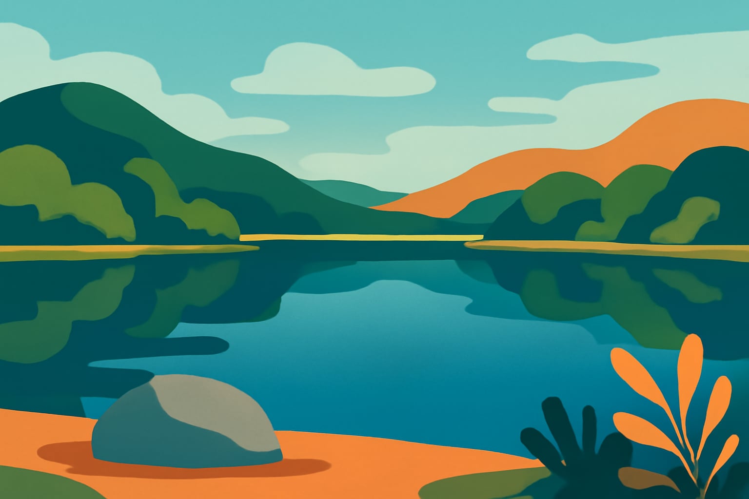 Tranquil minimalist illustration of a calm lake and rounded hills at sunset