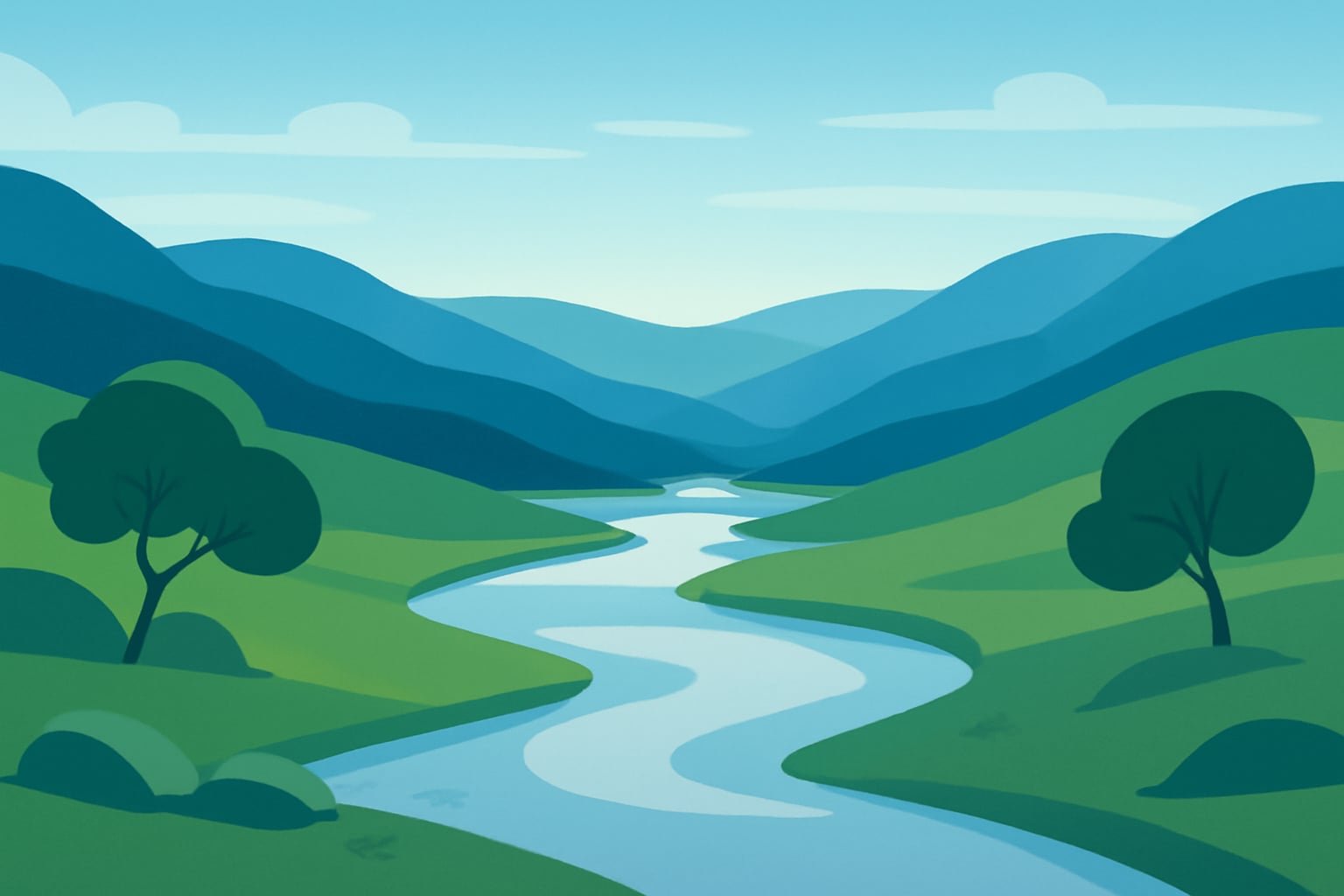 Calm high valley with a winding river symbolizing a gentle mental health journey