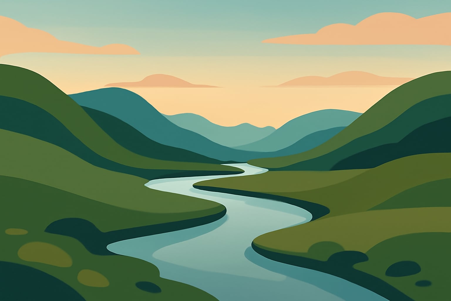 Calm valley landscape with a winding river symbolizing a gentle meditation journey