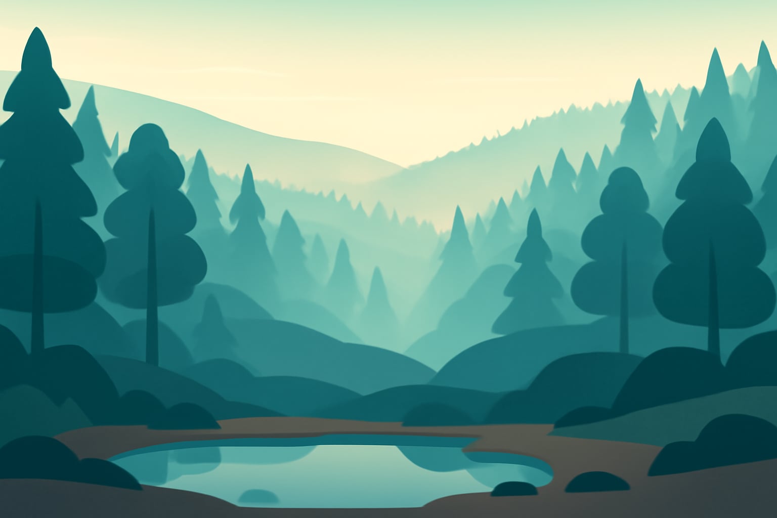 Misty forest morning with soft rounded trees and calm atmosphere