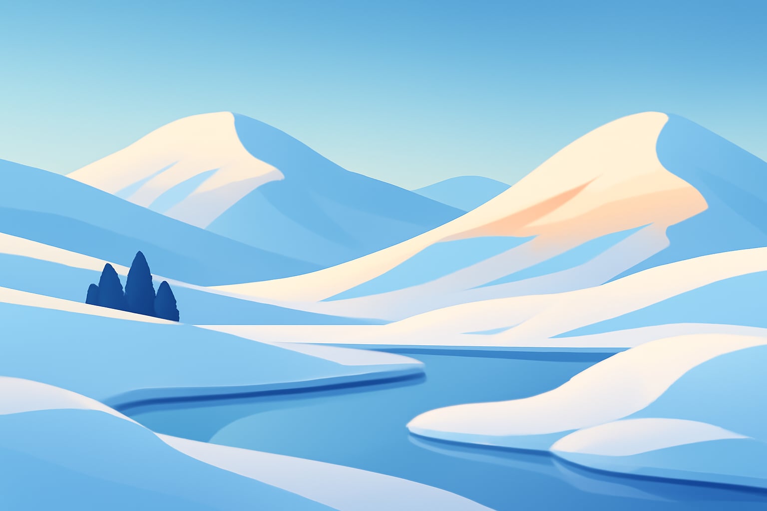 Minimalist snowy alpine landscape with calm flowing forms