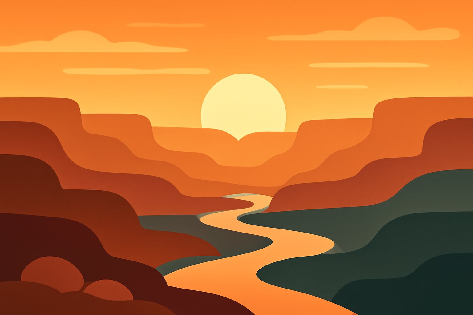 Layered canyon sunrise scene with calm winding river and soft colors