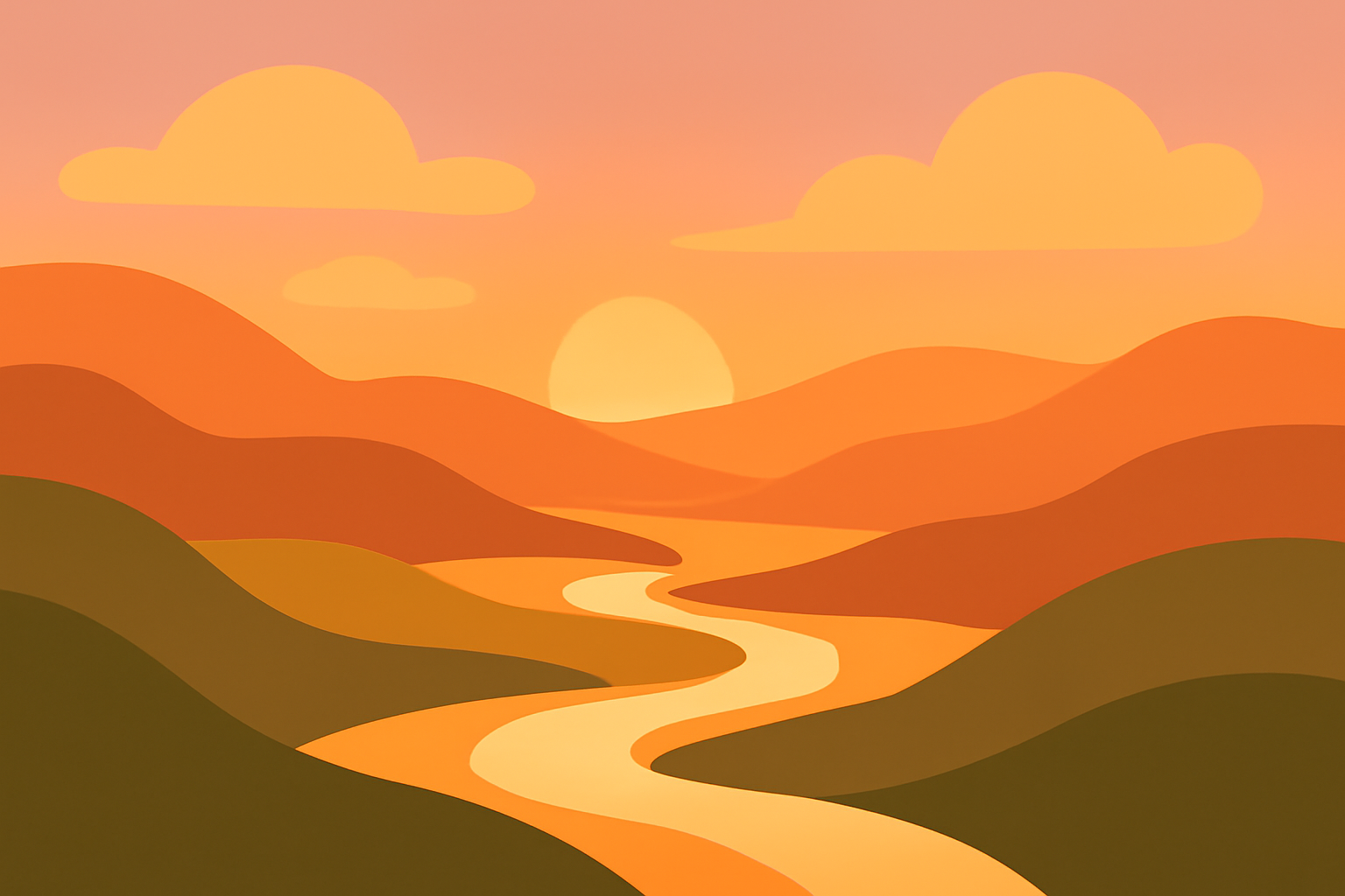 Minimalist vector of a tranquil sunset valley with a winding river