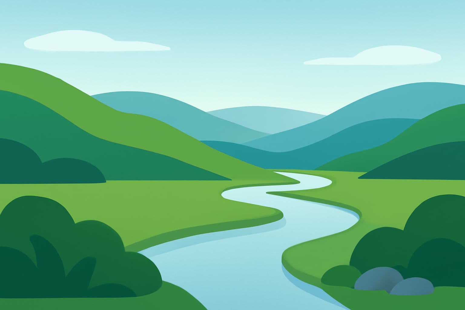 Calm river winding through a soft green valley at sunrise