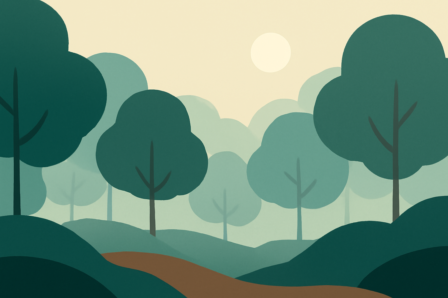 Misty forest morning scene with soft rounded trees