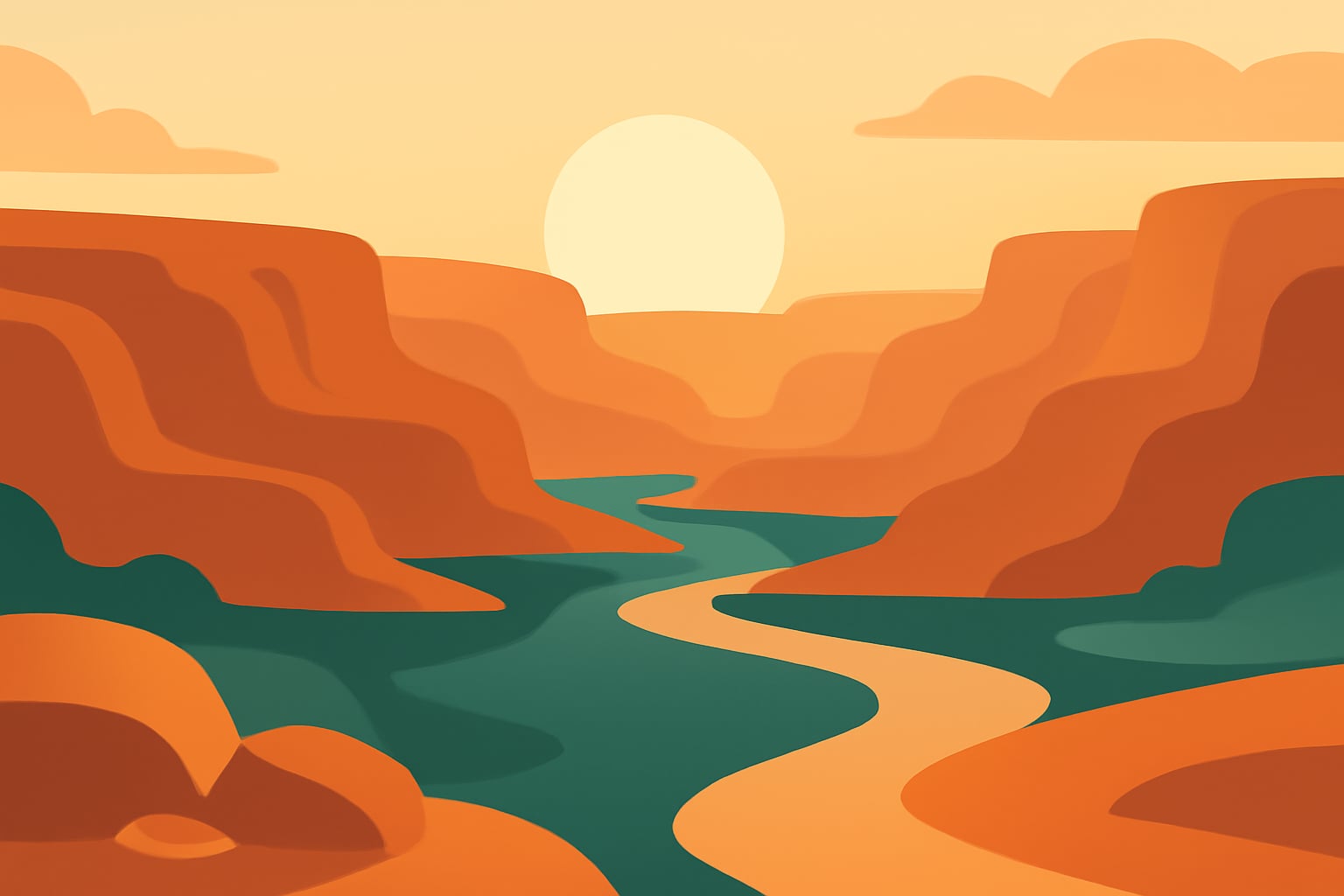 Layered canyon at sunrise with a calm winding river evoking steady breathing and emotional balance