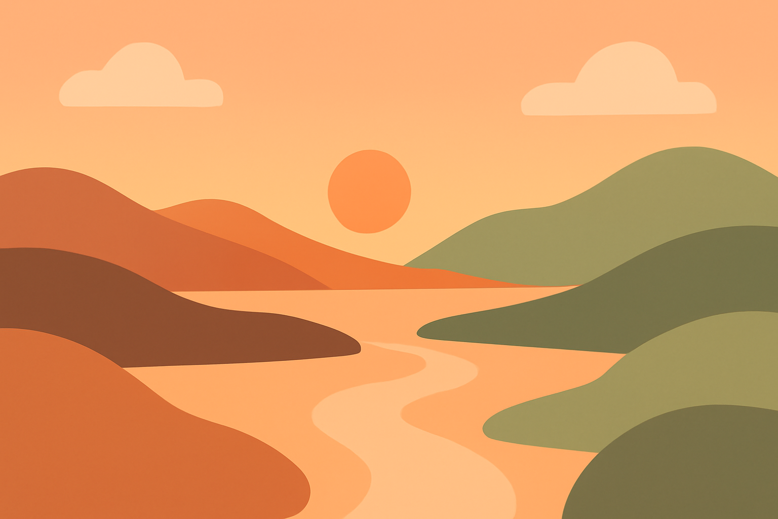 Minimalist sunset valley landscape with winding river and calm mood