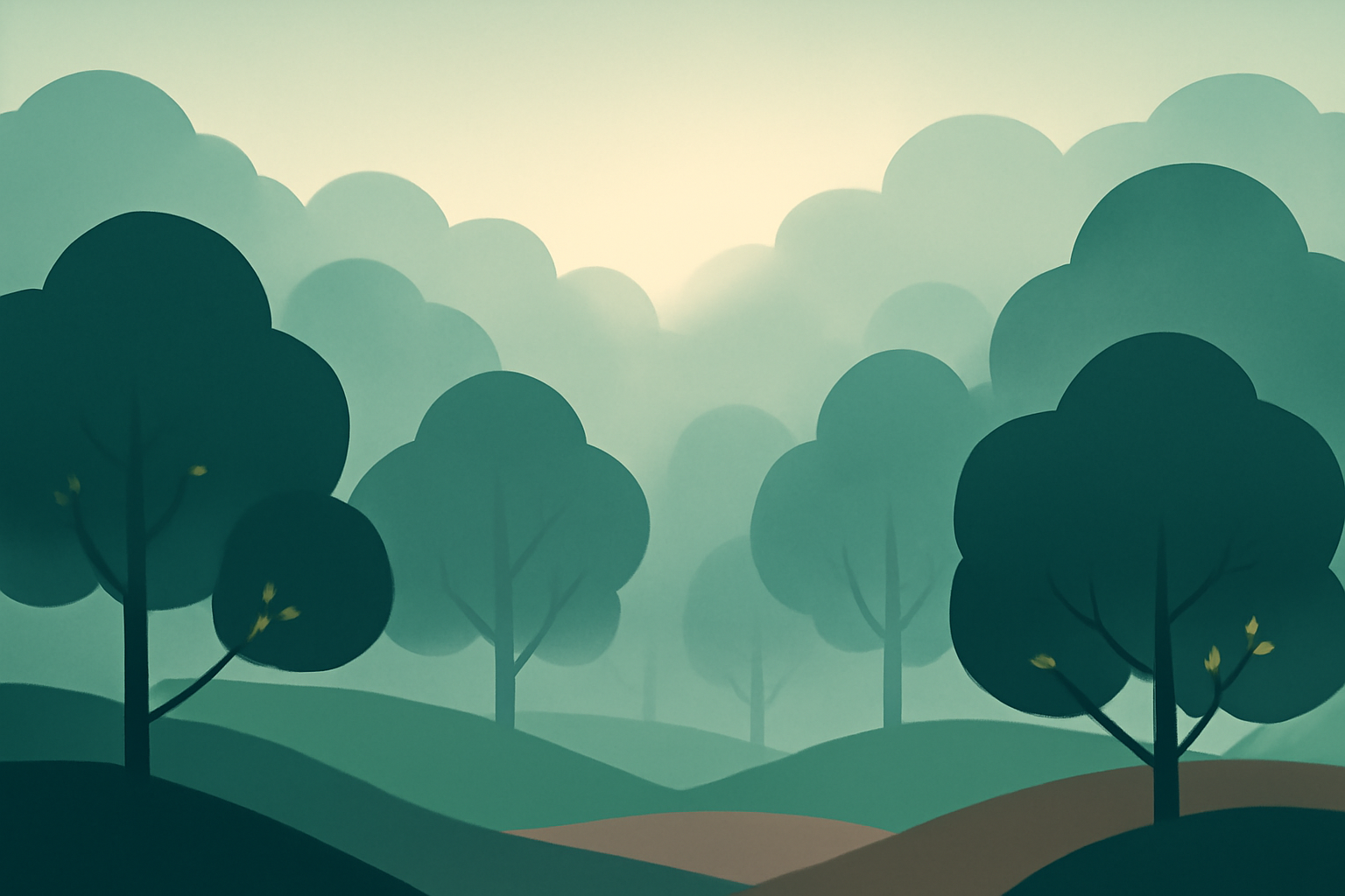 Misty forest with soft rounded trees in calm morning light