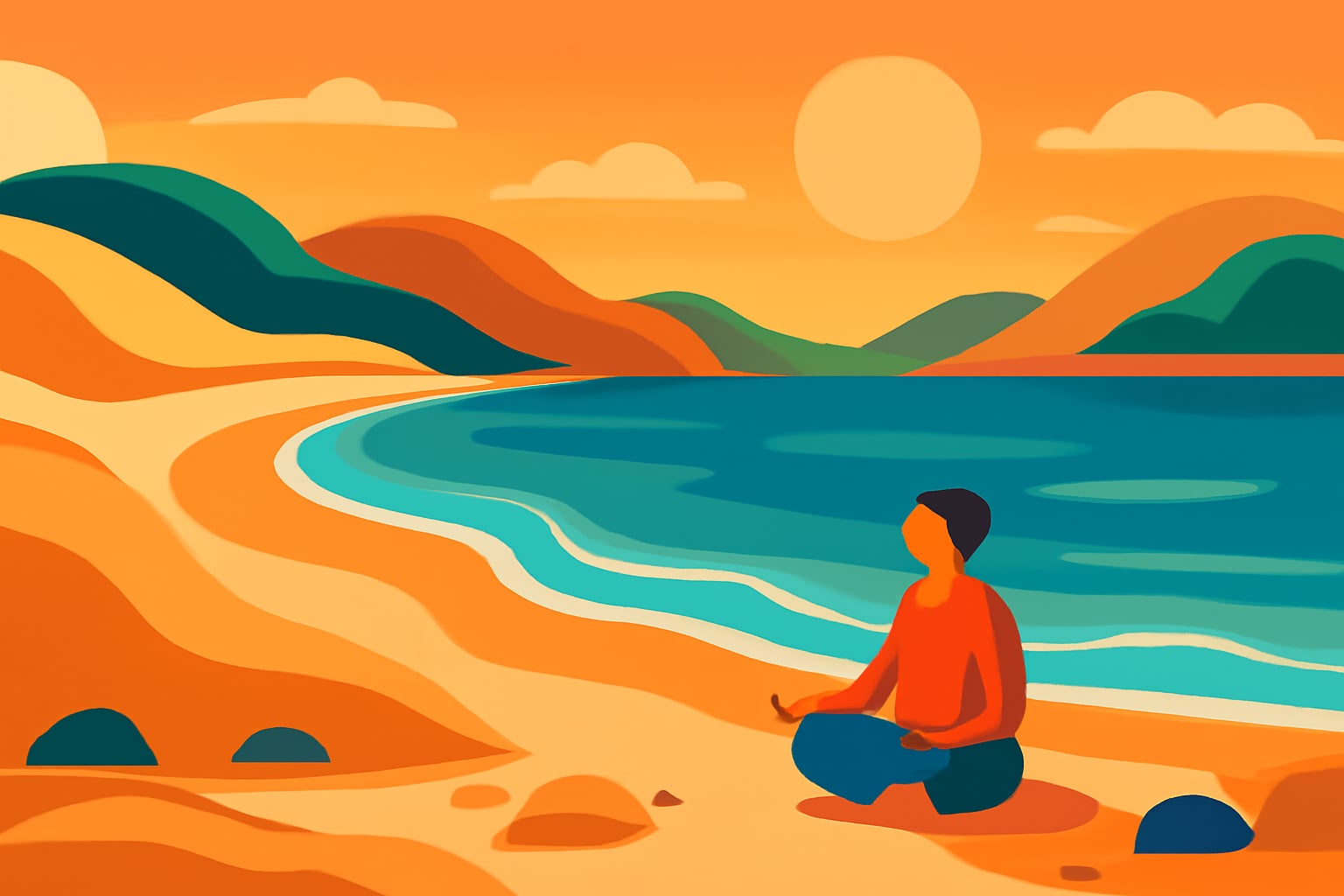 Person practicing calming breath on a quiet beach cove at sunset
