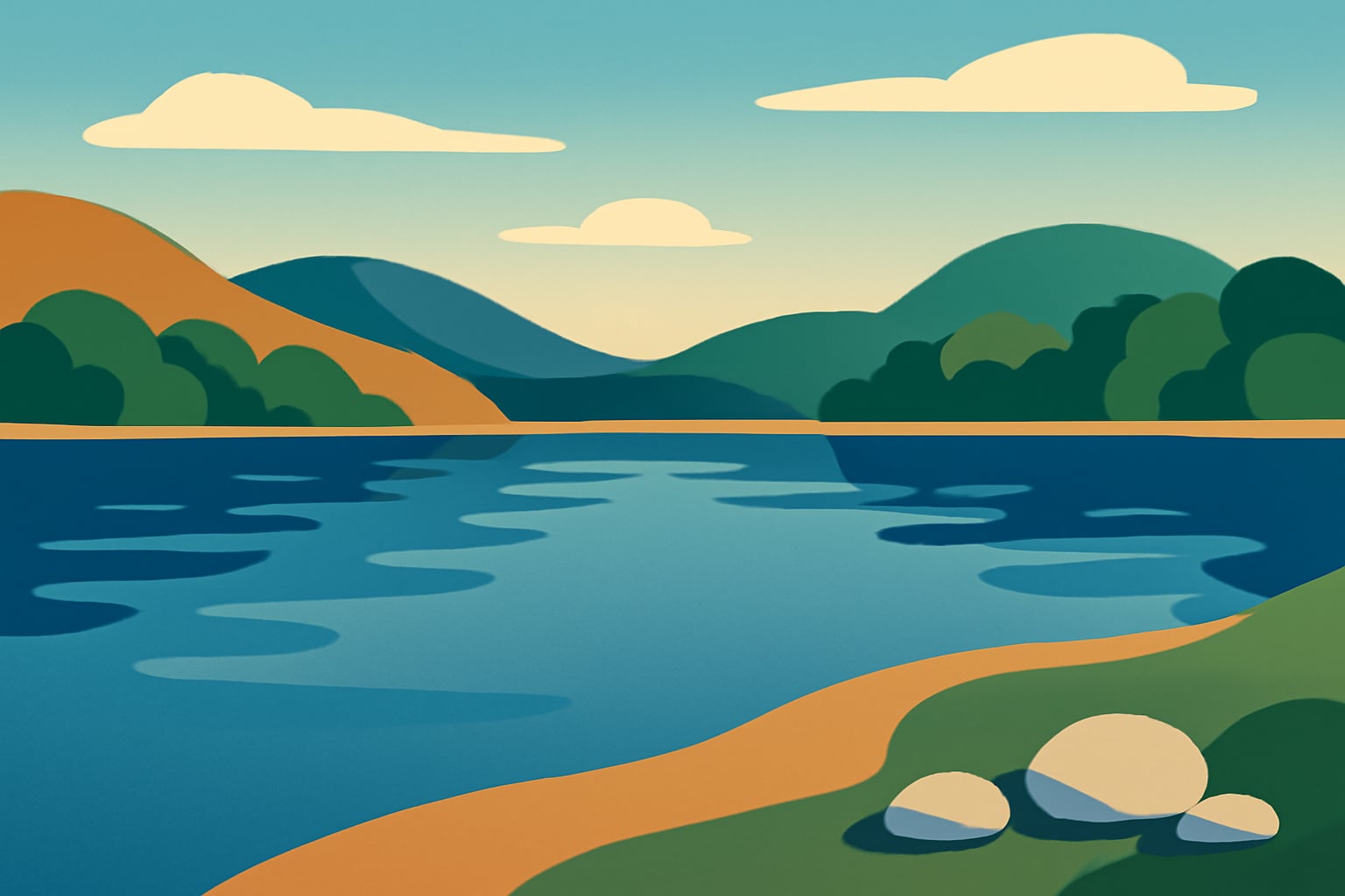 Minimalist vector illustration of a calm lake with rounded hills at sunrise