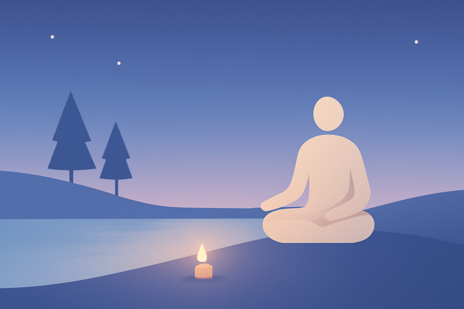 Minimal flat vector of a person meditating by calm water at dusk