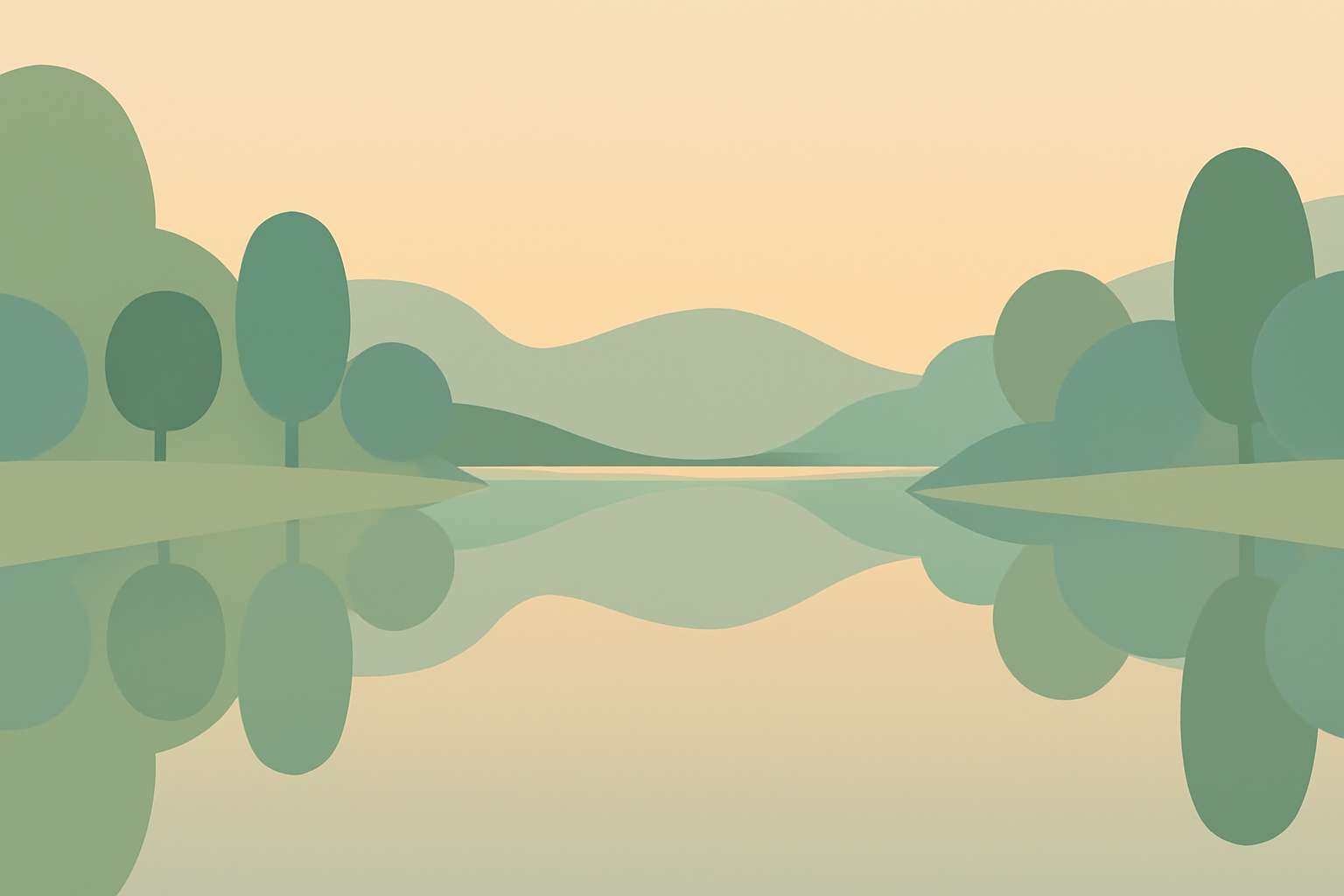 Minimalist tranquil lake with rounded hills at sunrise, calming mood
