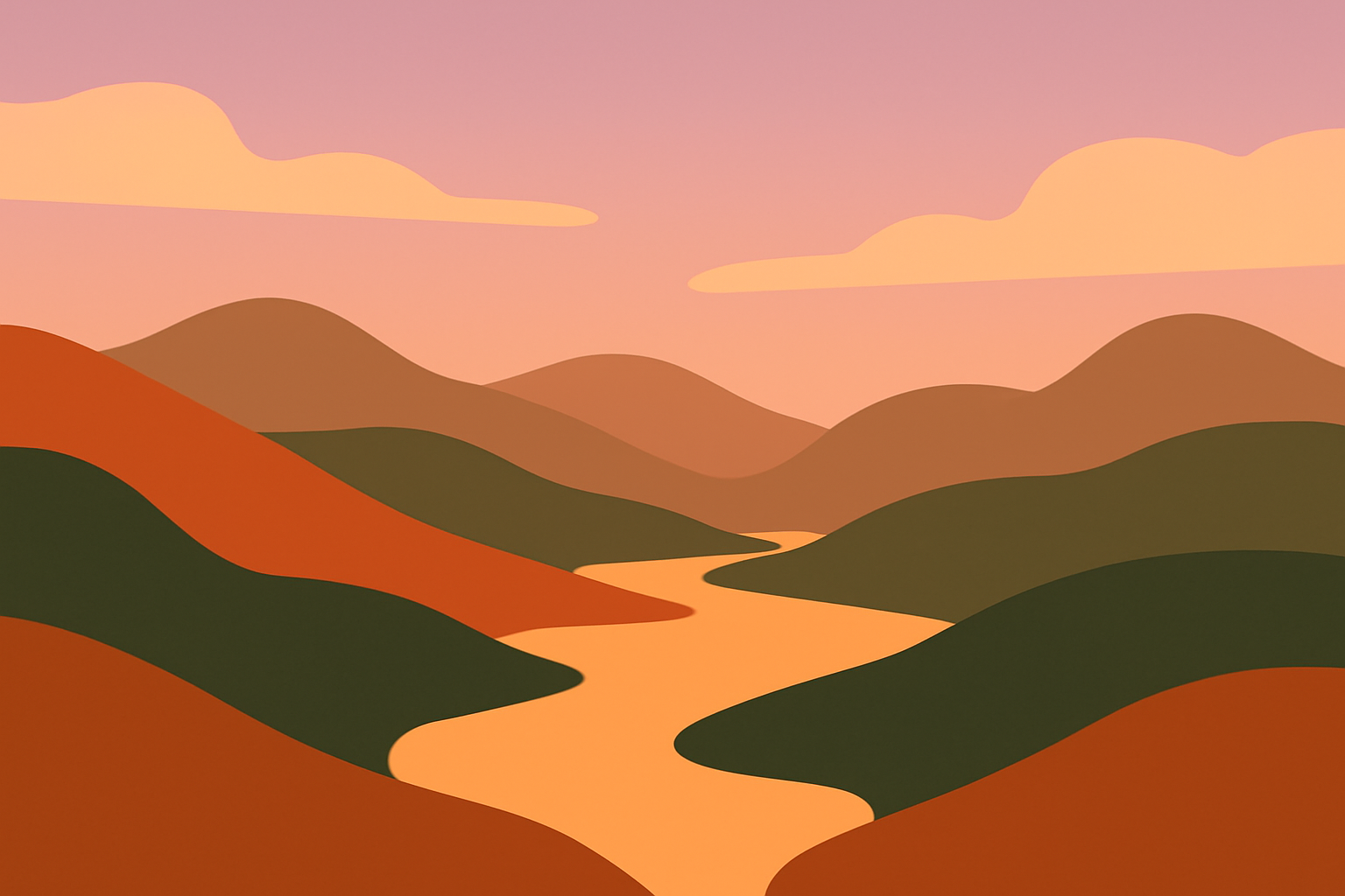 Calm sunset valley with winding river in minimalist vector