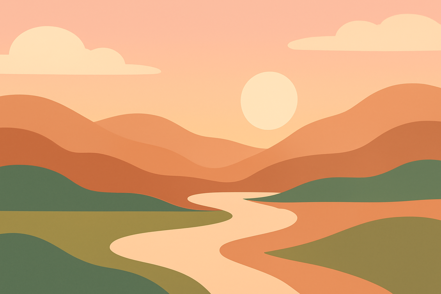 Minimalist vector of a tranquil valley at sunset with rounded hills and a winding river