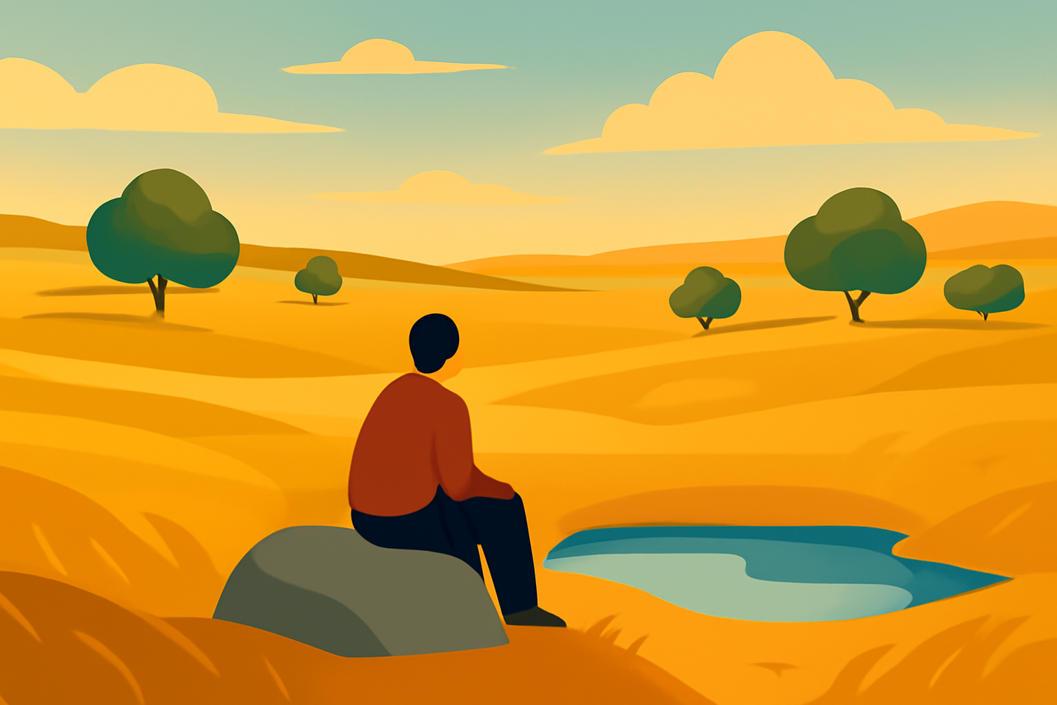 Person relaxing in a peaceful golden prairie at sunset