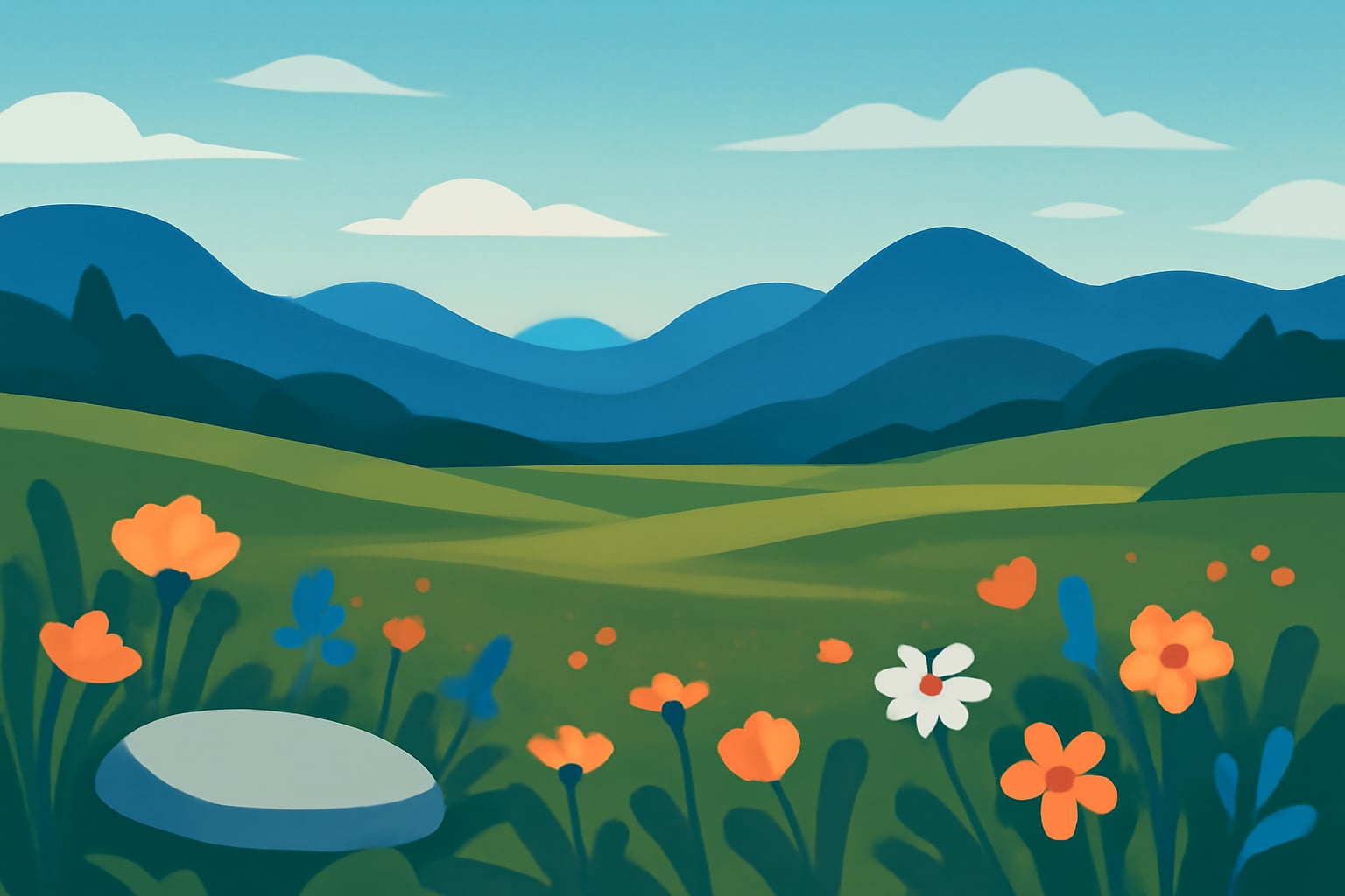 Person sitting in a quiet mountain meadow rubbing a small stone for calm