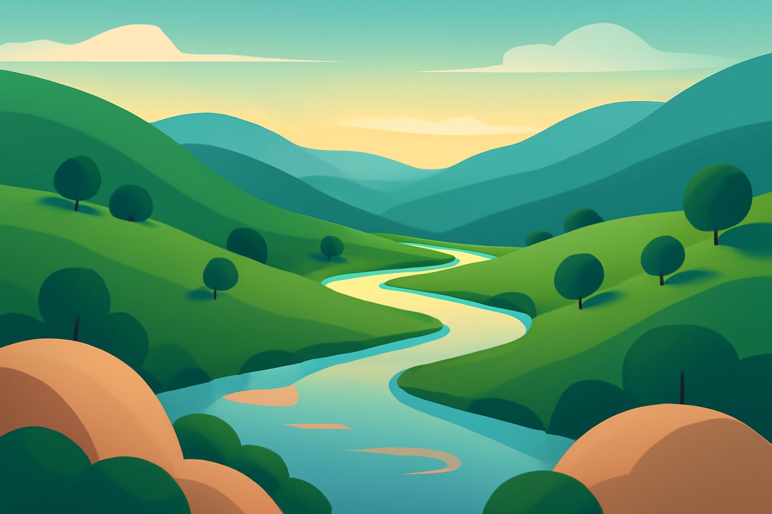Calm valley landscape with a winding river symbolizing stress relief