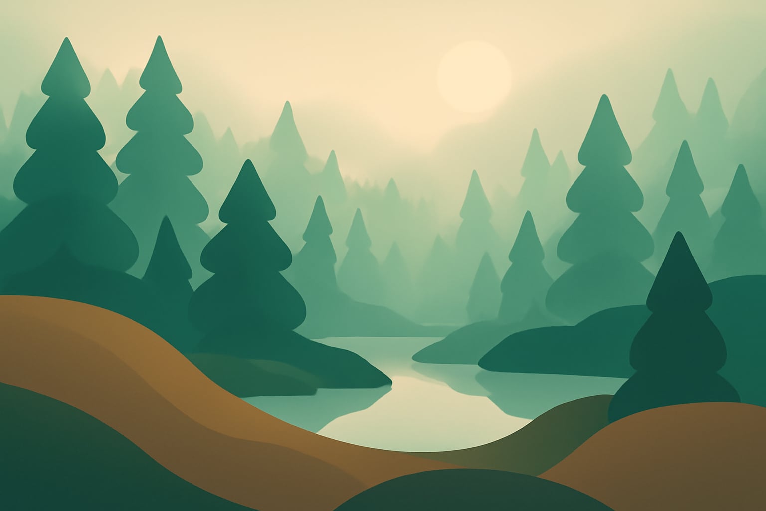Minimalist illustration of a person walking calmly through a misty forest, symbolizing a quiet mind.