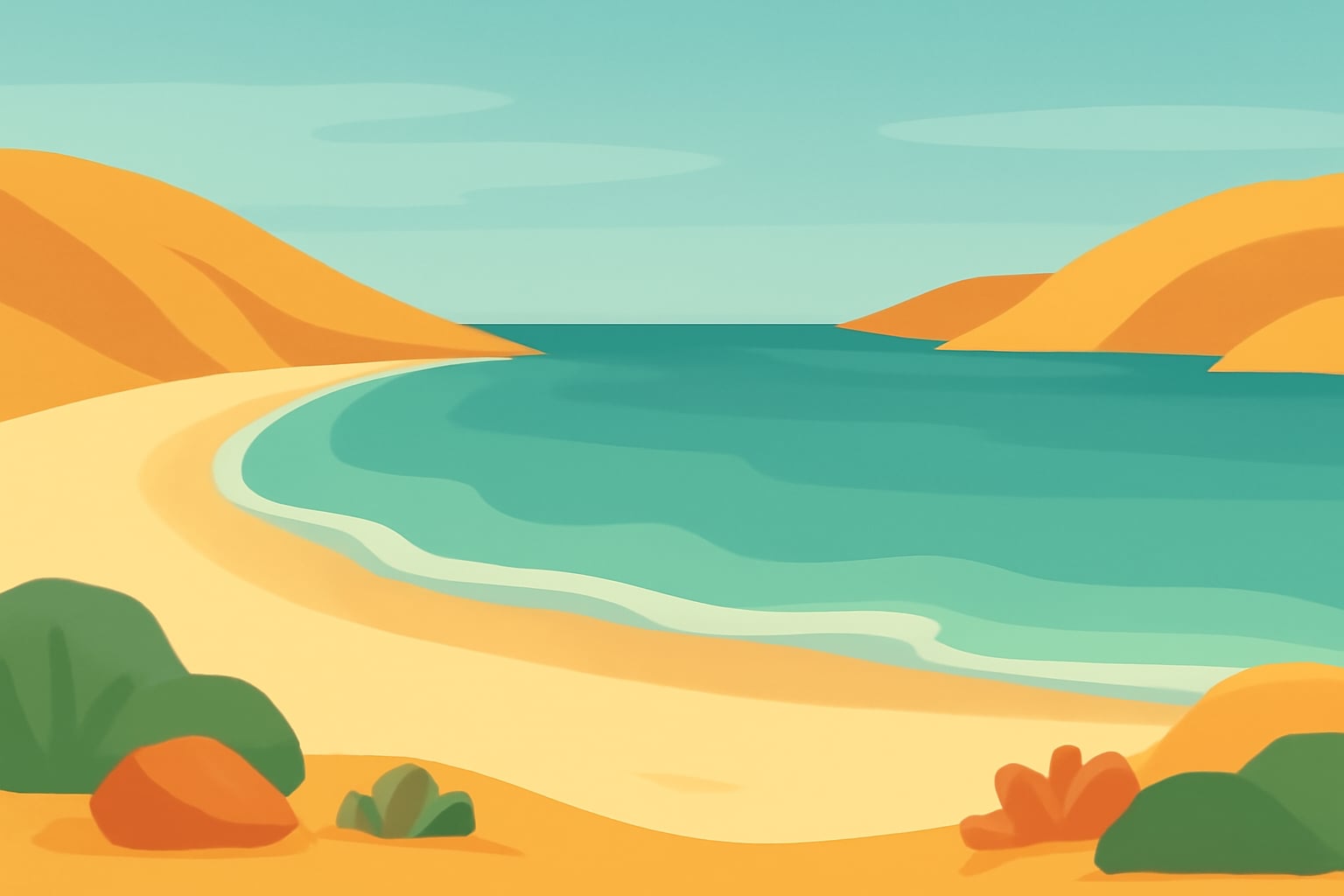 Minimalist vector illustration of a calm open beach cove at sunrise