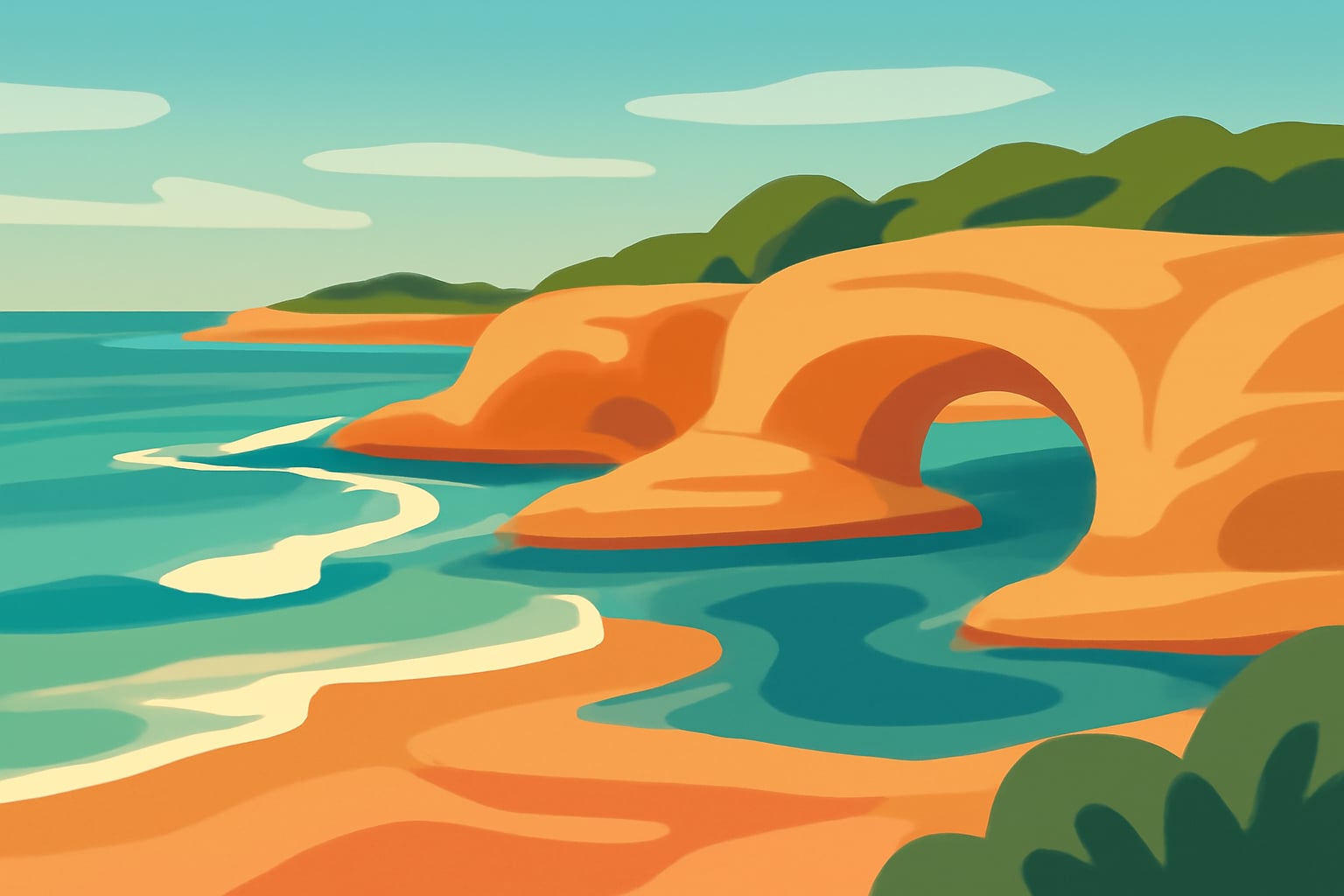 Calm coastal cliffs with gentle waves and soft sky at dusk