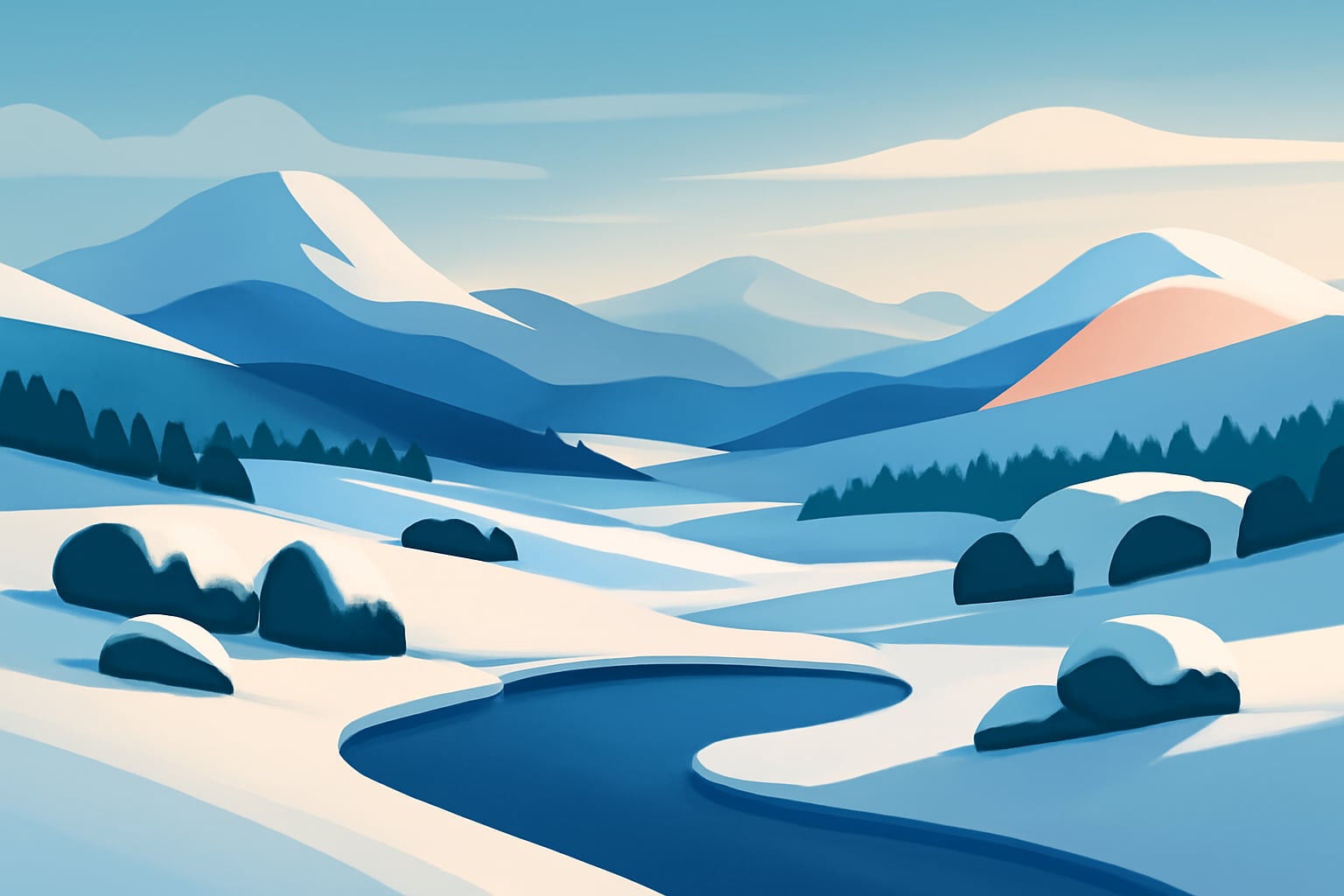 Minimalist snowy alpine landscape with rounded mountains and a calm atmosphere