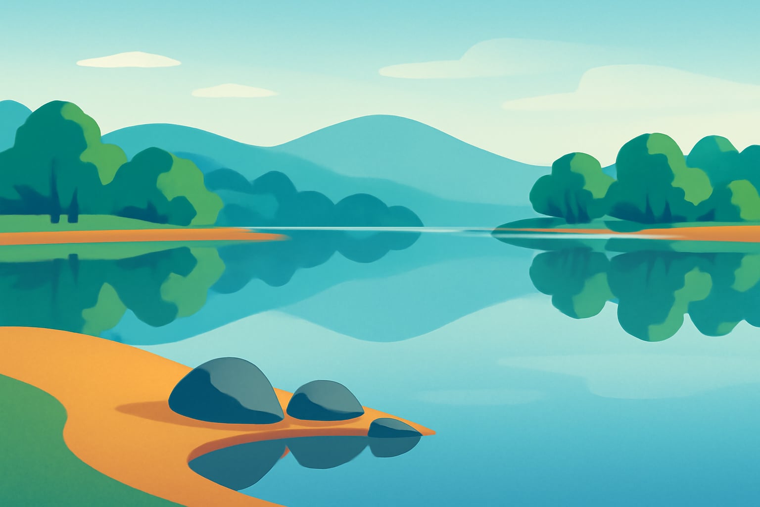 Minimalist illustration of a calm lake with rounded hills at sunrise