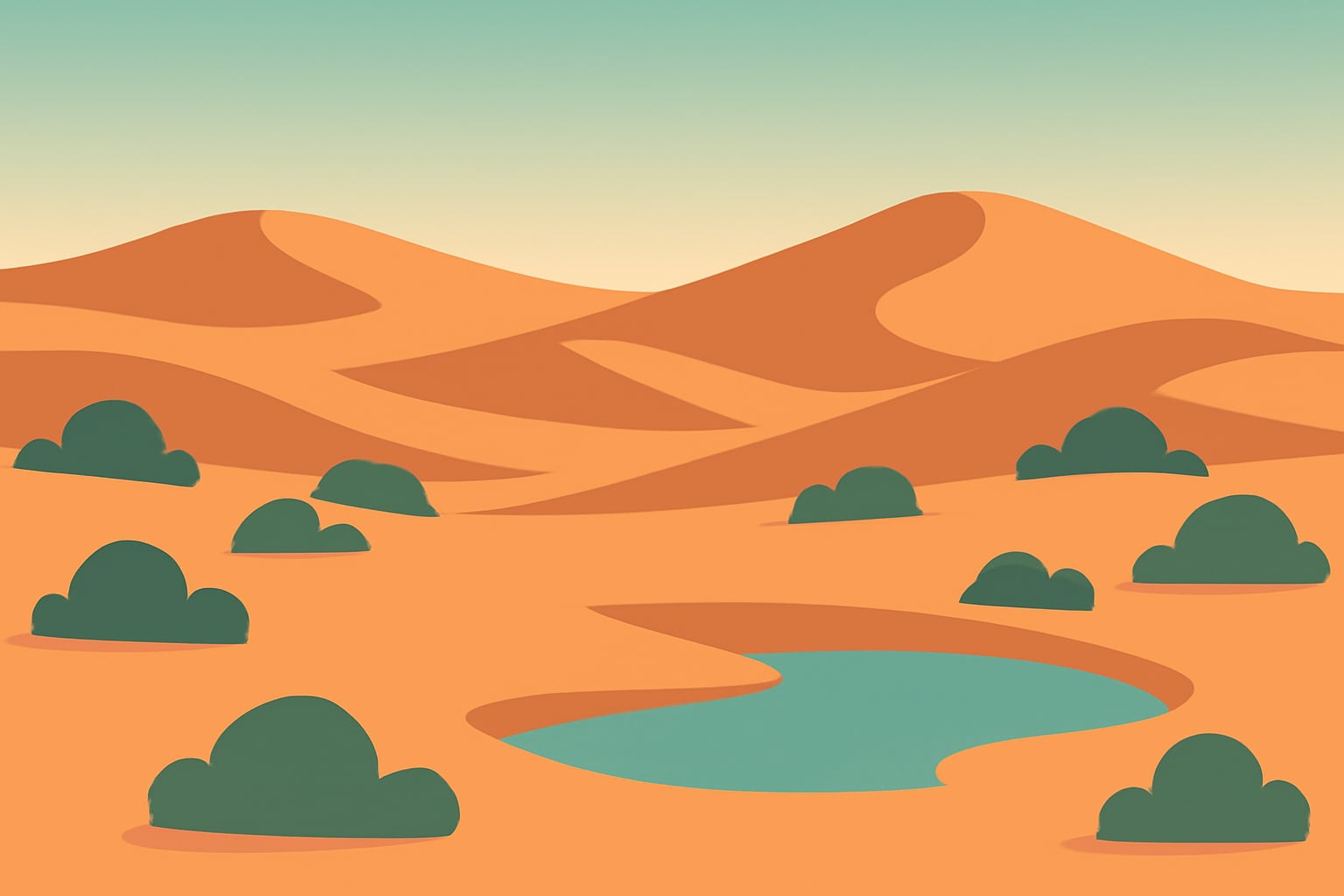 Minimalist vector illustration of a calm person walking across soft desert dunes under a peaceful sky