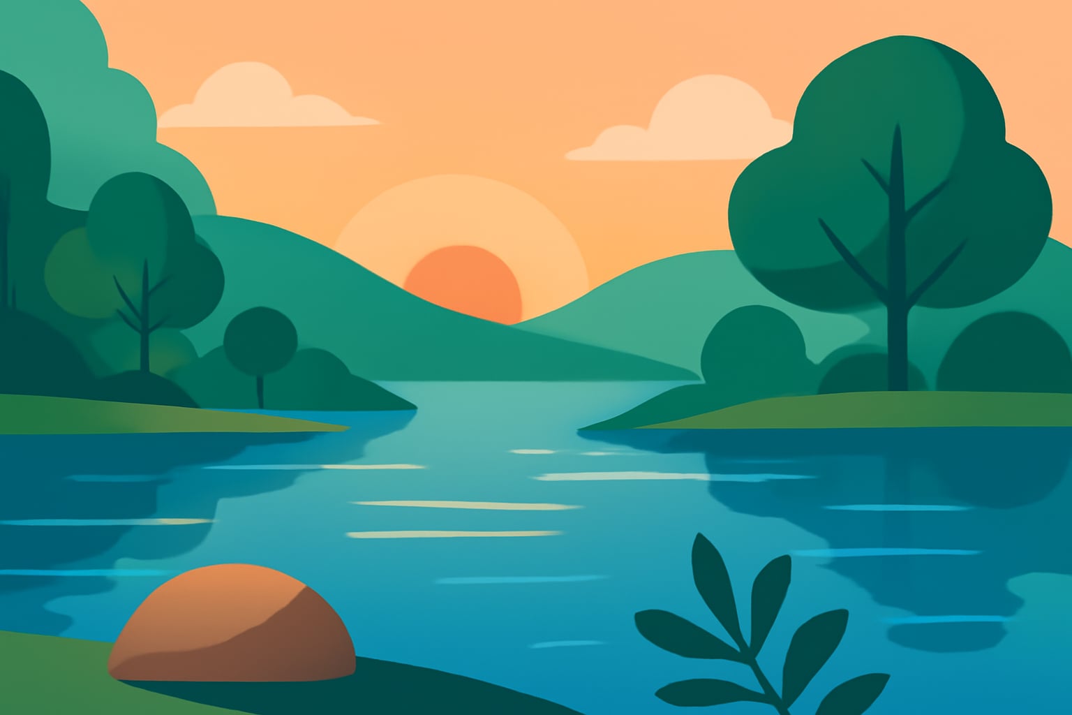 Calm lake surrounded by rounded hills suggesting stress relief and balance