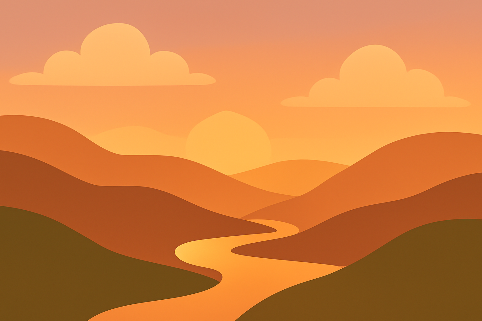 Minimalist valley at sunset with a winding river