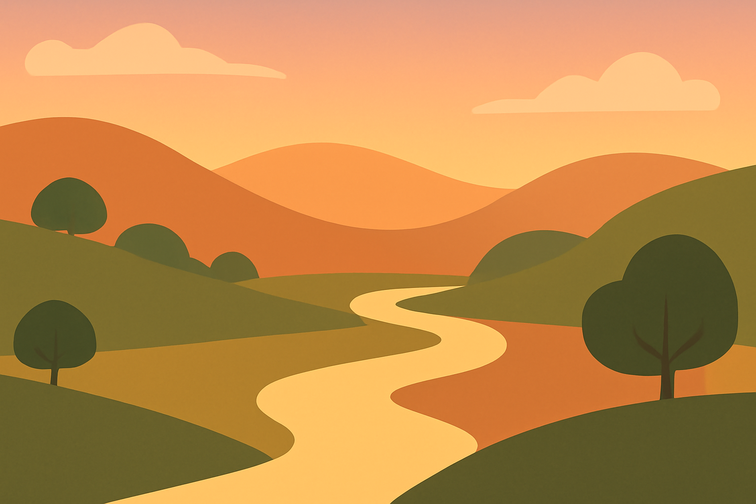 Calm sunset valley with winding river in minimalist vector style