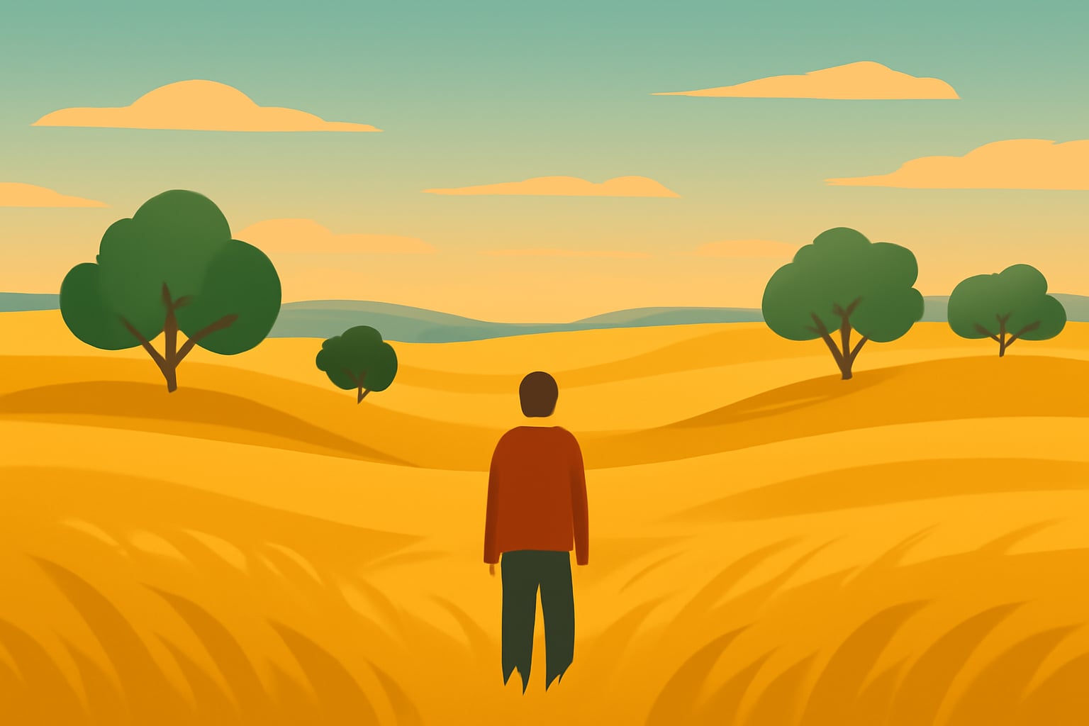 Person standing in a quiet golden prairie taking a calming breath