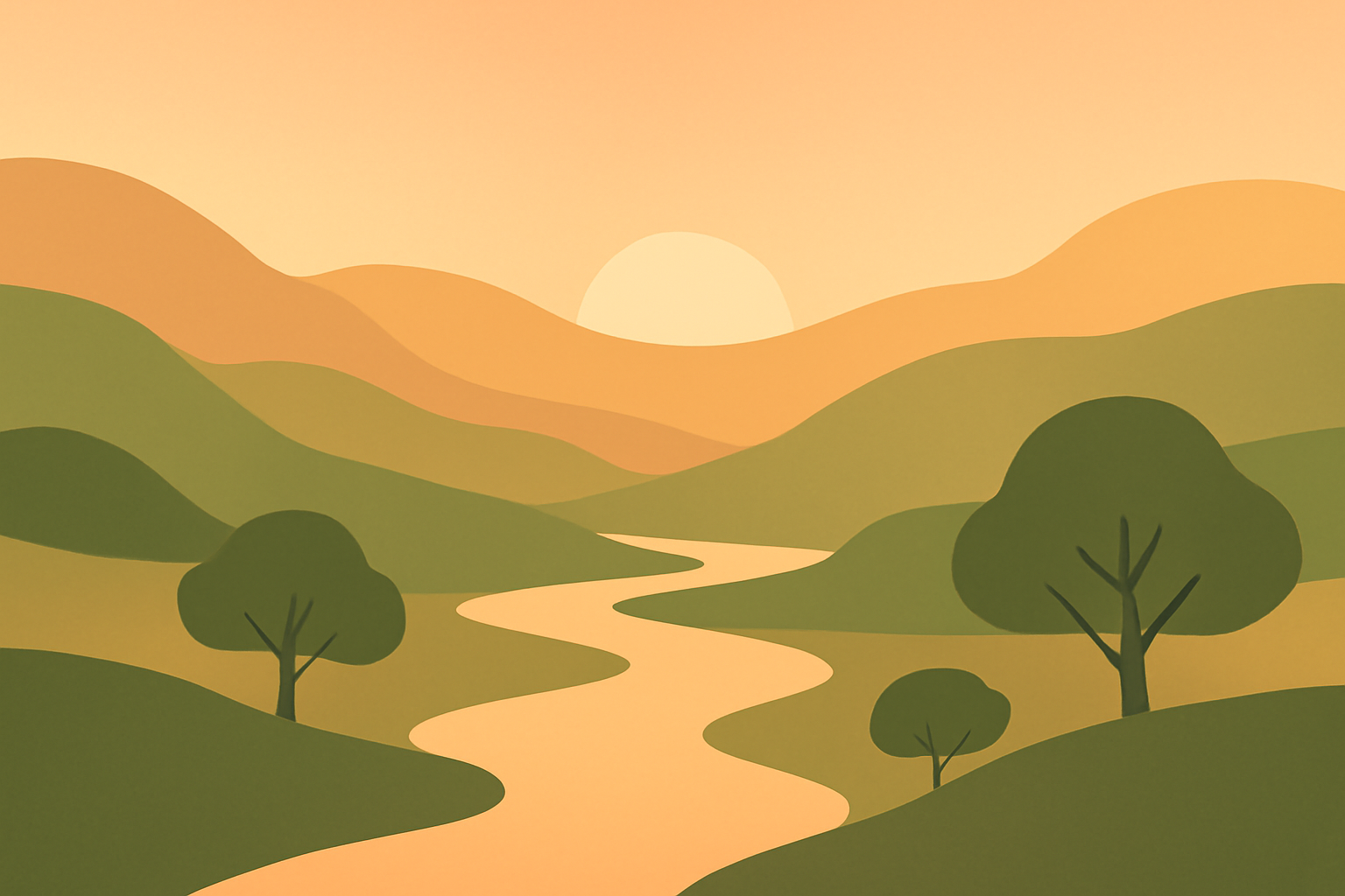 Calm valley at sunset with a winding river and soft hills