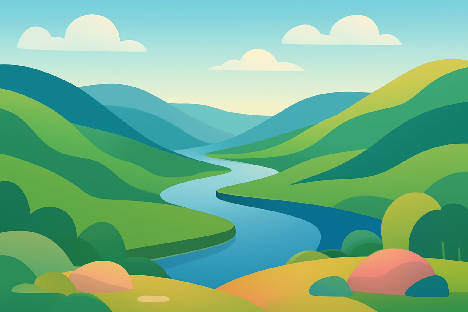 Calm high valley with winding river illustration