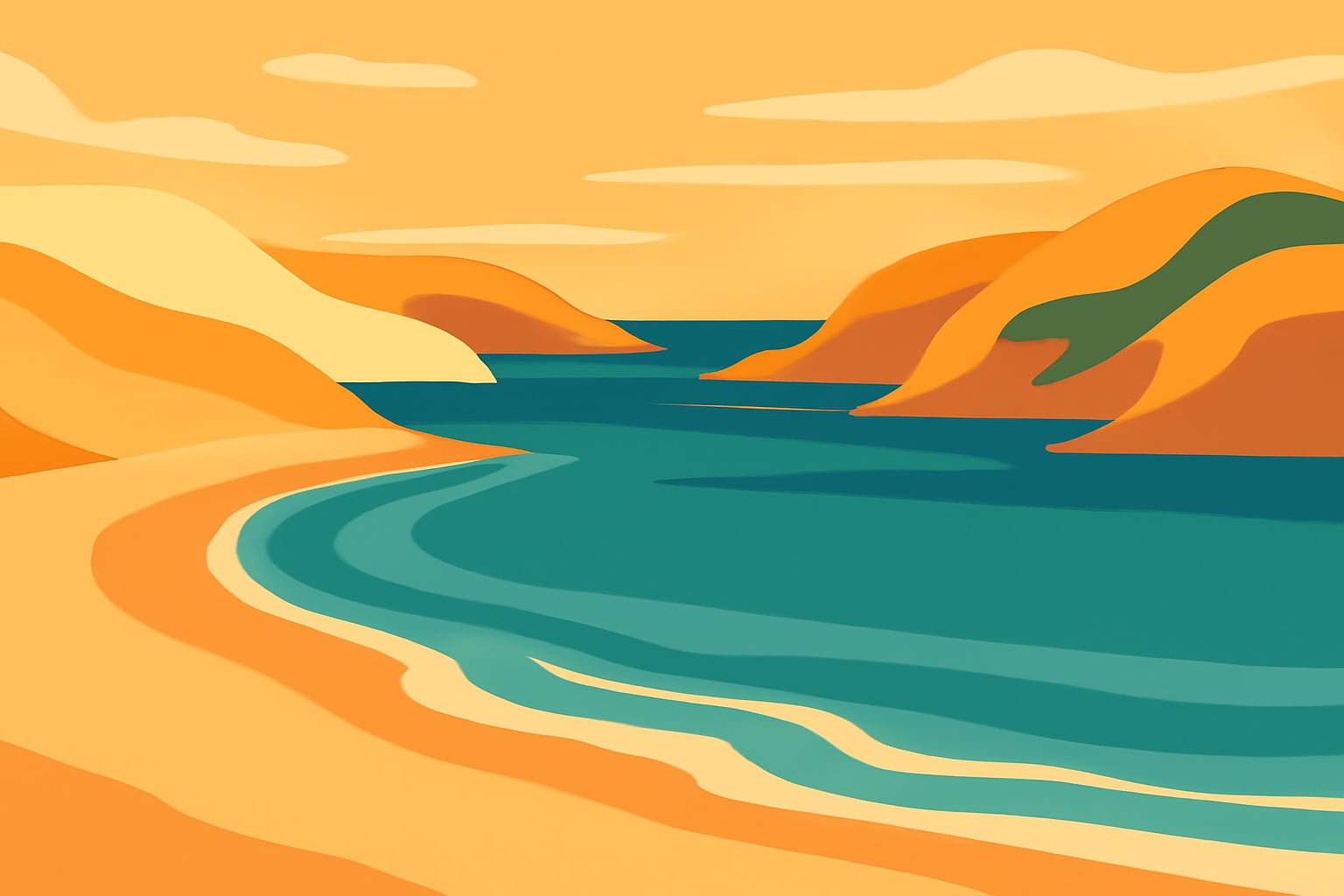 Calm open beach cove with soft waves and rounded dunes at sunset