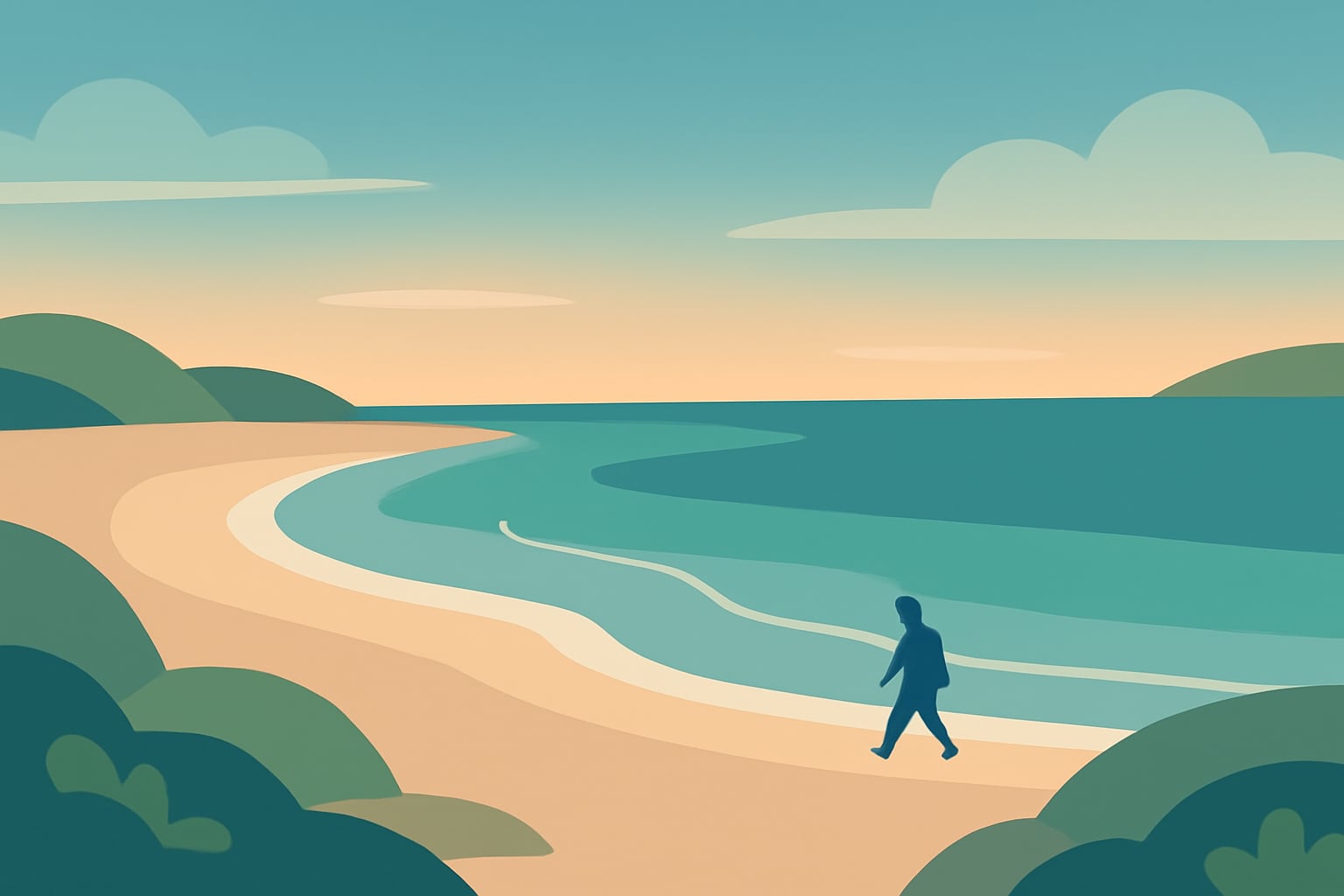 Person walking calmly along a quiet beach cove at sunrise