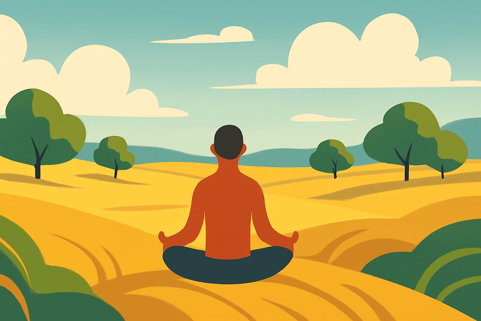 Person meditating calmly in a golden prairie landscape under a wide sky